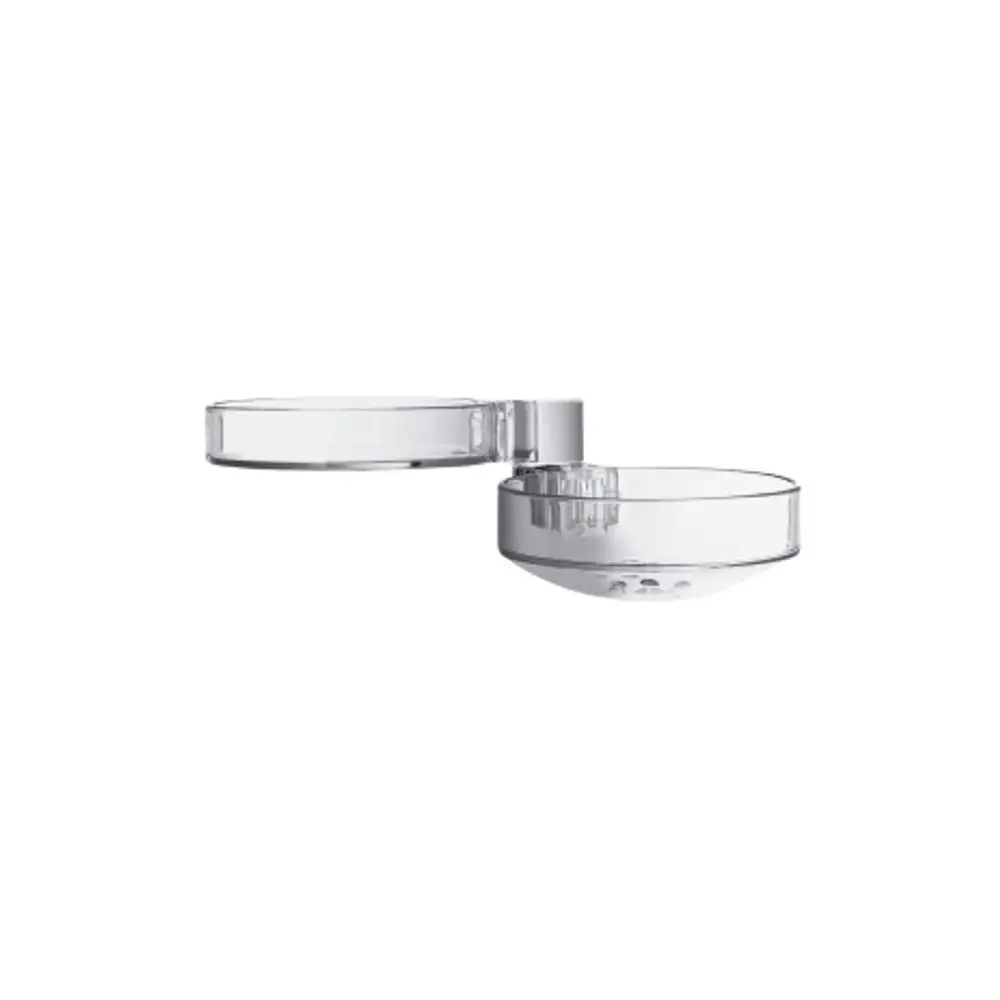 Transparente Seifenschale von Hansgrohe mit zwei Fächern, einem abgerundeten und einem flachen Teil, montiert an einer Wandhalterung.